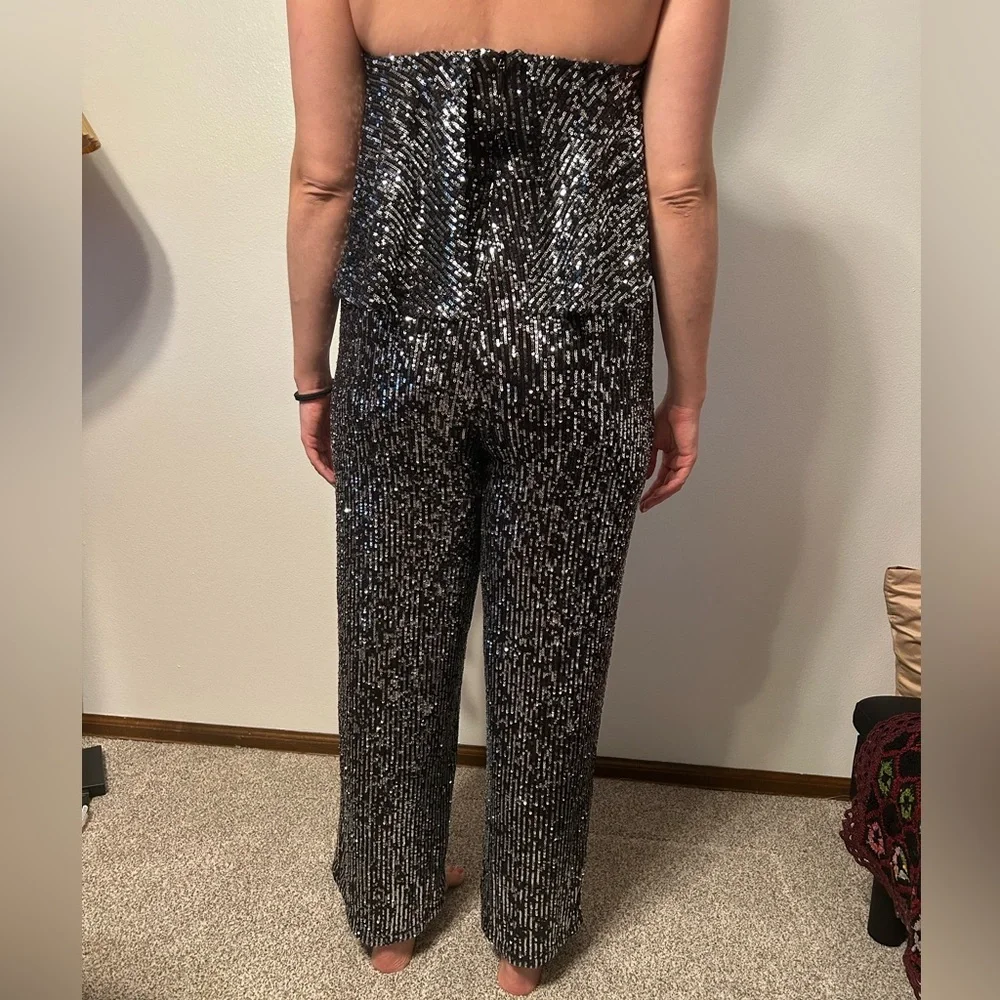 Bebe Black Sequin Strapless Jumpsuit Size M Y2K Glam Party Bachelorette Night - Picture 2 of 9